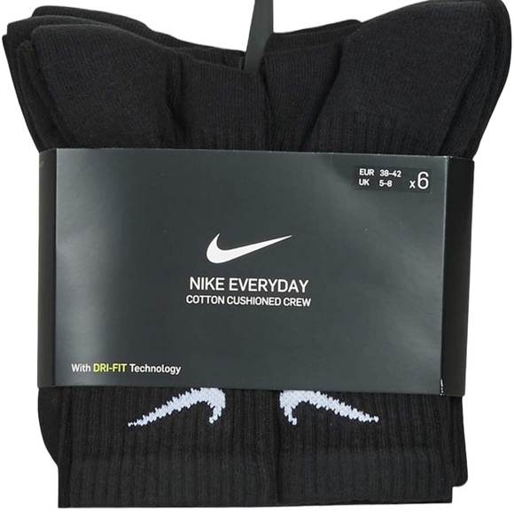 Nike Everyday Cotton Cushioned Crew Socks 6 pairs with Dri-Fit Black New - Picture 1 of 4